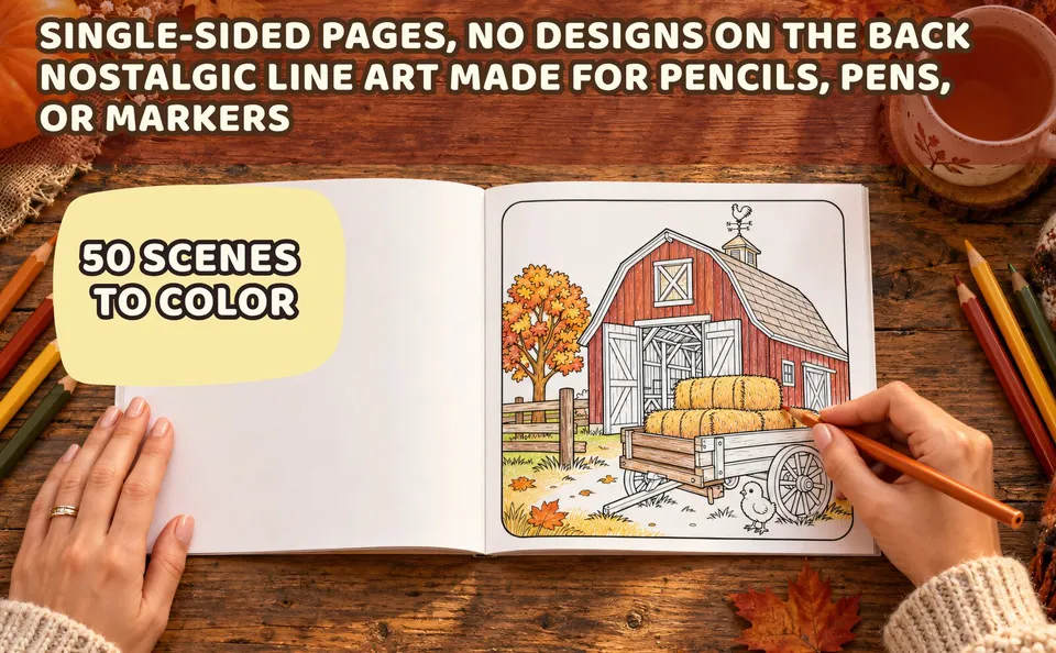 Autumn Farm Scenes — colored pages and book preview