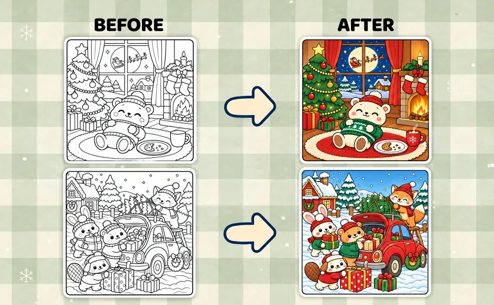 Cozy Christmas — colored pages and book preview