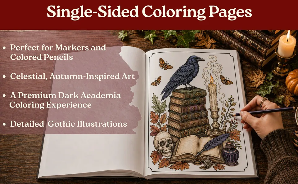 Dark Academia Halloween — colored pages and book preview