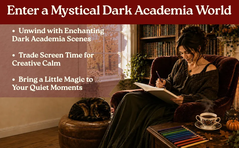 Dark Academia Halloween — colored pages and book preview