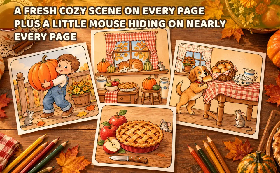 Grandma's Autumn Kitchen — colored pages and book preview
